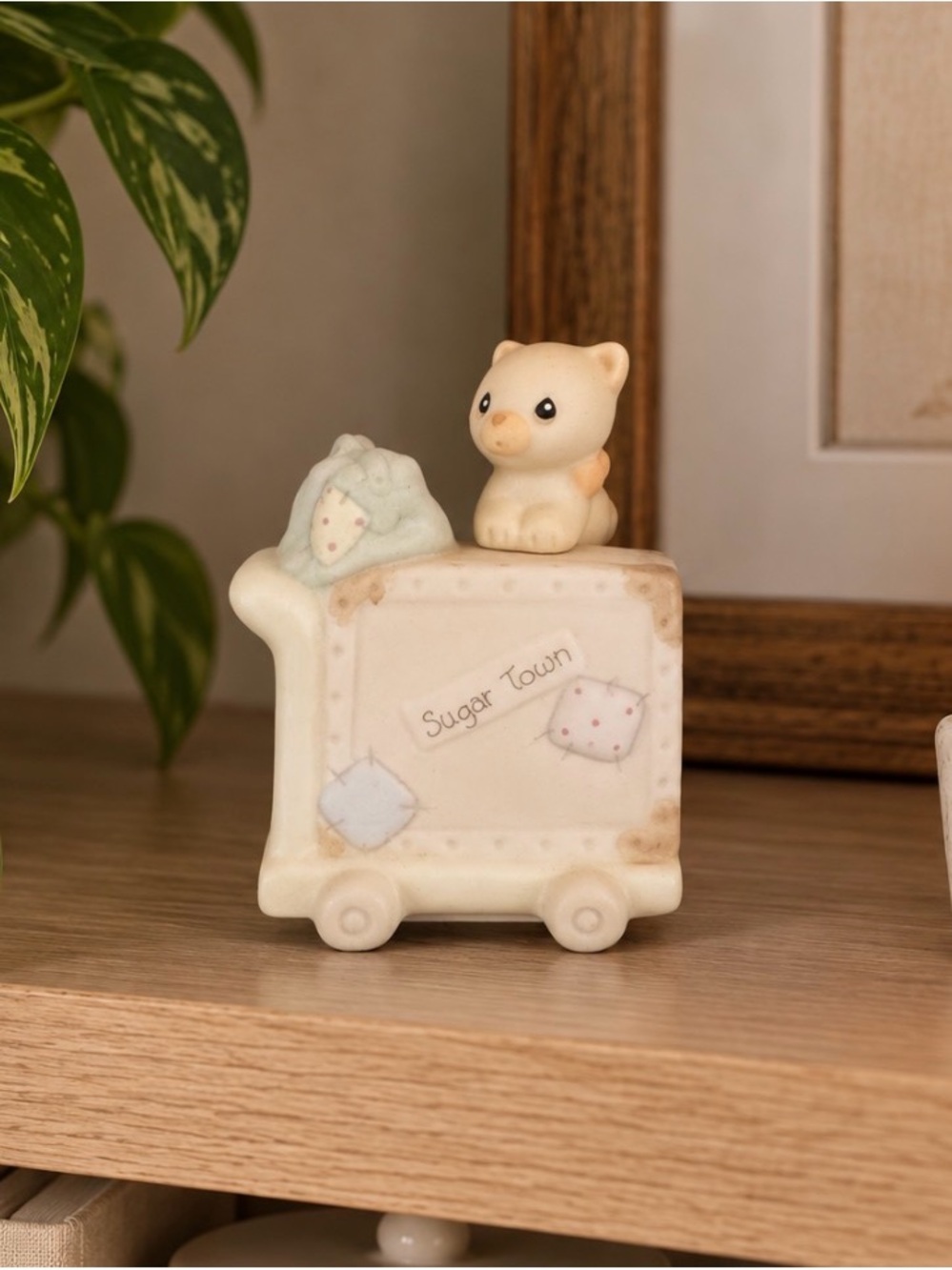 Precious Moments Cream Ceramic Sugar Town Figurine with Bear Accent